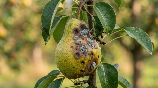 Ripe pear with fungal disease spots hanging on tree branch in organic orchard