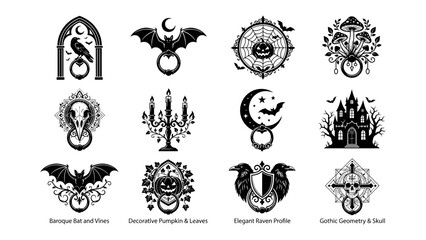 Fototapeta premium Gothic Halloween Icons Collection: A bewitching compilation of twelve dark and mystical gothic-themed icons, featuring bats, pumpkins, skulls, haunted castles, and celestial motifs.