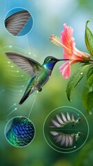 Naklejka premium Hummingbird hovering near pink hibiscus flower with detailed illustrations of wing structure and movement patterns against a blurred green background