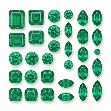 Emerald Gemstones Luxurious Sparkling Vibrant Green on Bright White Background Various Faceted Cuts for Jewelry Design and Luxury Branding