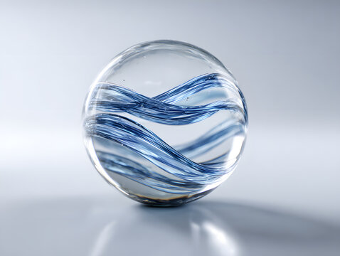 Glass sphere with blue flowing energy waves inside, glass surface reflection and soft studio lighting evoking calm and futuristic mood