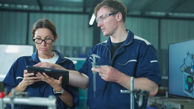 Mechanical engineering team analyzing project data on a laptop in a factory. Demonstrating professional collaboration and technology.