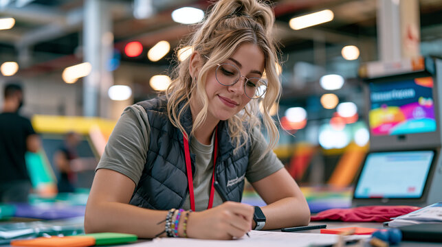 A trampoline park safety attendant finishes writing an incident report under warm overhead lighting after a busy session, equipment visible in soft focus background, the aftermath of a hectic shift 