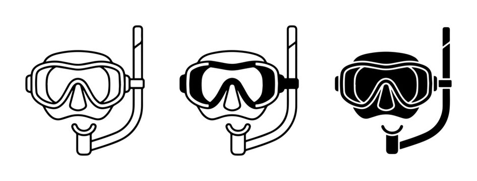 Scuba Diving Mask and Snorkel Icons, Underwater Exploration Gear, Vector Set