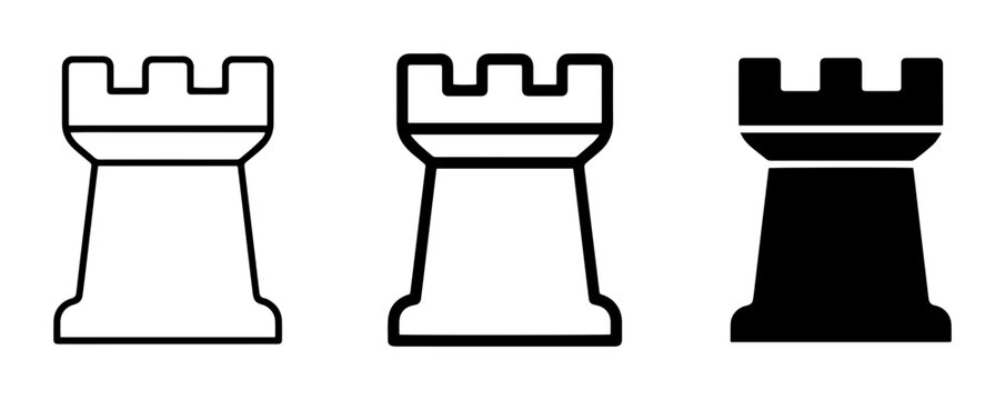 Chess Rook Icons, Strategy Game Pieces, Black and White Vector Graphics