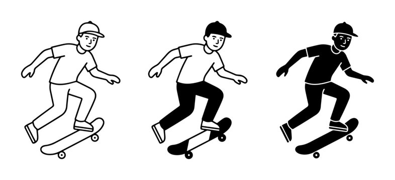 Skateboarding Icon Set, Diverse Skater Silhouettes, Action Sports Vector Graphics