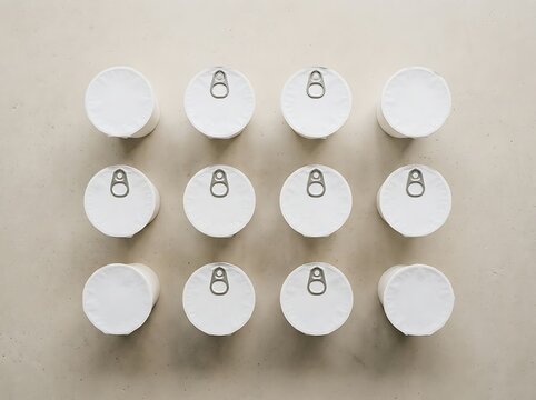 Top view of twelve metal cans with pull tabs arranged in a neat grid pattern. noodle cup mockup