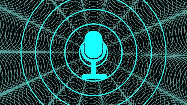 Minimal luminous microphone circular sound levels background. virtual assistants, audio applications, webinars, journalism, voice recognition, online lectures, streaming content, communication promos