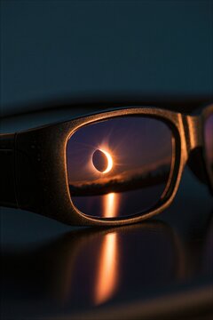 High contrast professional B2B photography of anonymous people wearing cardboard eclipse glasses watching a spectacular partial solar eclipse sunset