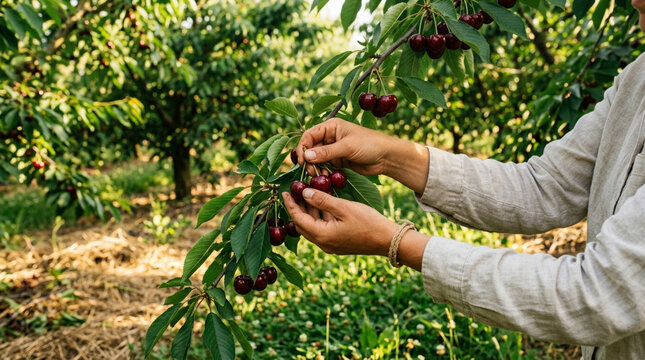 Hand harvesting ripe cherries from a tree branch in a sun-drenched orchard