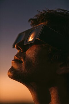 High contrast professional B2B photography of anonymous people wearing cardboard eclipse glasses watching a spectacular partial solar eclipse sunset
