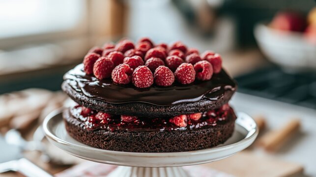 The Raspberry Chocolate Cake with glossy ganache and fresh berries