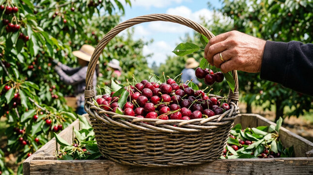 Hand picking ripe cherries into a basket on a farm during harvest season