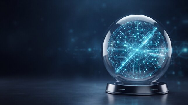Futuristic crystal ball with digital data network, glowing glass sphere on dark background, artificial intelligence and tech prediction concept