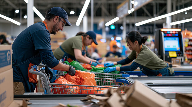 Grocery baggers in an eerily empty supermarket at closing time work in a diverse team stocking and rebagging trolleys, the cavernous space lit by flickering fluorescents, lone automated checkout bli