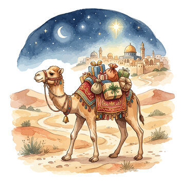 Camel Carrying Gifts Under Starry Sky.