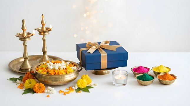 Diwali gift box with brass lamps and colorful powder isolated on white background