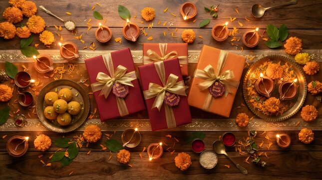 Diwali gift boxes with traditional sweets and oil lamps on wooden background