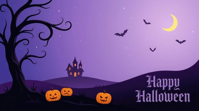 Spooky halloween night scene with haunted house pumpkins bats and crescent moon