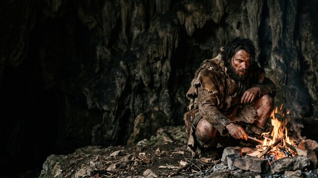 Prehistoric man in animal skin clothing sitting beside a campfire inside a cave. Stone Age survival, ancient human history, primitive lifestyle, and wilderness shelter concept.