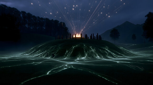 Celtic kingship symbol imagery, green hill light with standing stone ring on top, burning crown light at center, light connecting star points and root patterns, commercial asset for exhibition, poster
