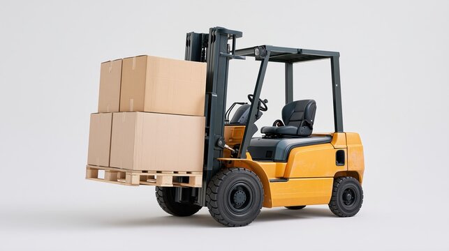 The forklift transporting cardboard boxes on a pallet in a modern warehouse setting
