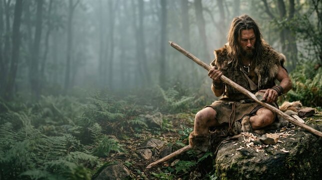 Prehistoric hunter crafting a wooden spear in a misty forest. Stone Age survival, primitive technology, wilderness lifestyle, and ancient human history concept with copy space.