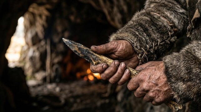 Close up of prehistoric hunter holding a stone spear inside a cave. Survival, archaeology and ancient human history concept with firelight and fur clothing.