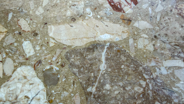 Terrazzo flooring displaying mosaic pattern and breccia texture