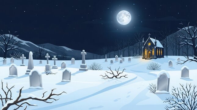 Spooky winter graveyard scene with a haunted house under a full moon at night