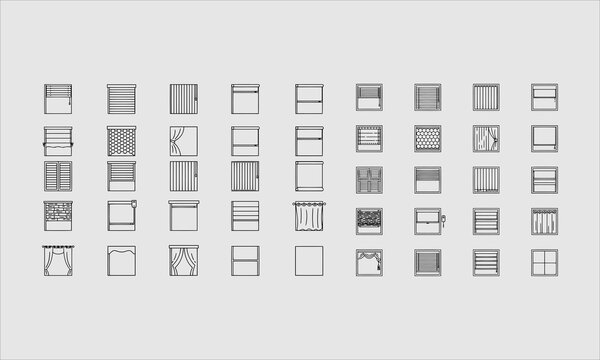 Window blinds, shades line icons. Various room darkening decoration, roller shutters, roman curtains, horizontal and vertical jalousie.