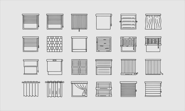 Window blinds, shades line icons. Various room darkening decoration, roller shutters, roman curtains, horizontal and vertical jalousie.