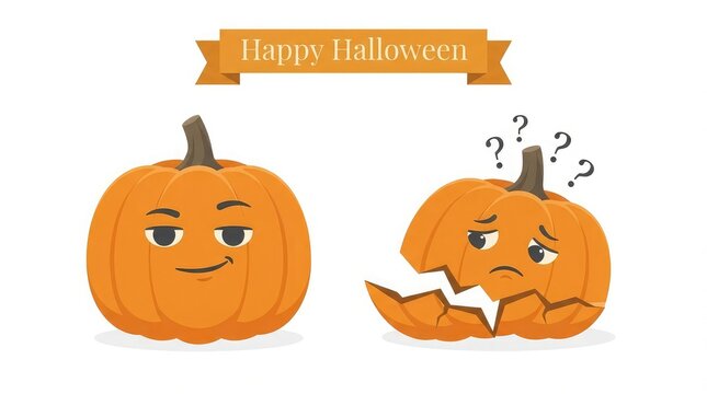 Cute cartoon pumpkins with different emotions including a calm happy pumpkin and a broken sad pumpkin character