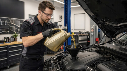 Obraz premium Male mechanic pouring golden motor oil into a car engine in a professional automotive workshop. Car maintenance, oil change, engine service, vehicle repair.