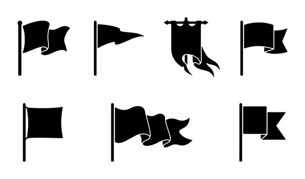 Set of 7 Black Vector Flags and Banners, Waving and Static Icons for Design