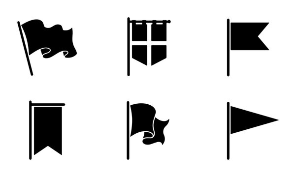 Set of 6 Black Silhouette Flag Icons, Vector Graphics for Heraldry, Navigation, and Celebration