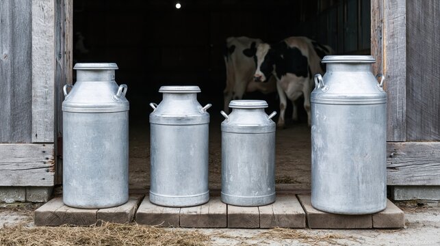 The Silvery Milk Cans at Barn Door with Cattle in Background