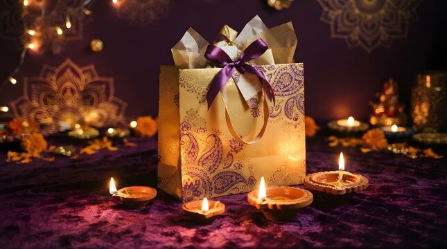 Festive gift bag with purple ribbon and traditional diyas for diwali celebration