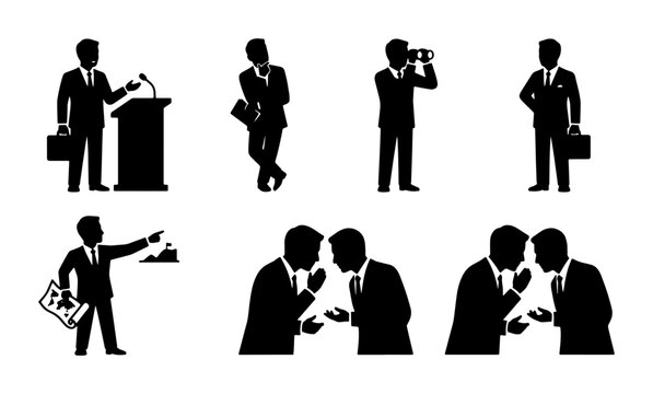 Business Silhouettes: Speaker, Photographer, Strategist, Gossipers, 7 Vector Icons for Corporate Communication & Presentation