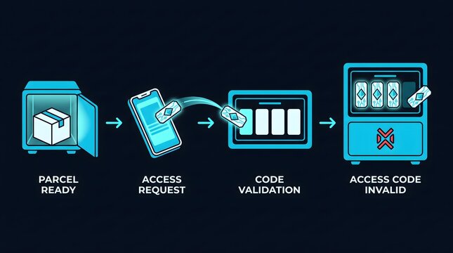 Access code validation process flow for automated parcel locker system with validation, delivery