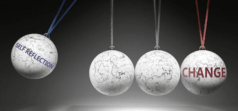 Self Reflection and Change - cause and effect relationship. A Newton cradle metaphor showing how self reflection results in change. It initiates change. ,3d illustration