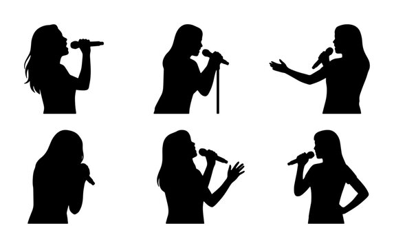 Singer Silhouettes Collection, Female Vocalist Poses, Microphone Performance Icons, Music Artist Vector Set