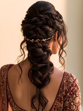 Elegant brunette bride with intricate braided hairstyle and gold leaf headband wearing traditional embroidered crimson attire for wedding day celebration