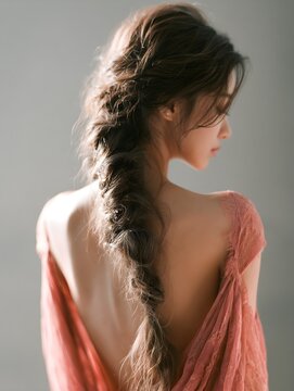 Elegant young woman with intricate braided hairstyle wears soft pink lace dress posing gracefully against a neutral light grey backdrop