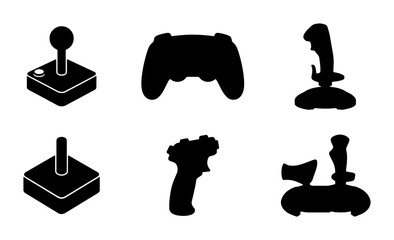 Retro Gaming Joysticks and Controllers, Vintage Arcade Gamepads, Classic Video Game Input Devices, Black Silhouette Vector Icons Set © Nur