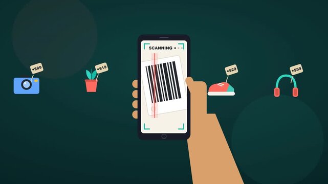 Smartphone screen scans a barcode to process online shopping transactions easily.