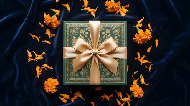 Elegant green gift box with gold ribbon on dark blue velvet background with marigold flowers