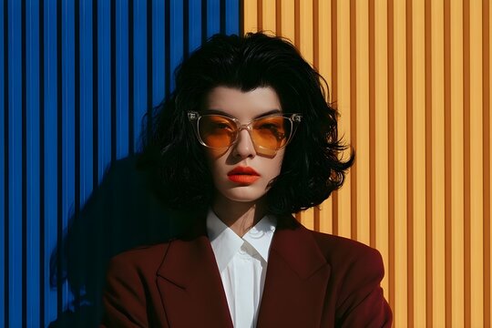 Stylish young woman with dark hair wearing orange tinted glasses and a maroon blazer against bright blue and yellow walls