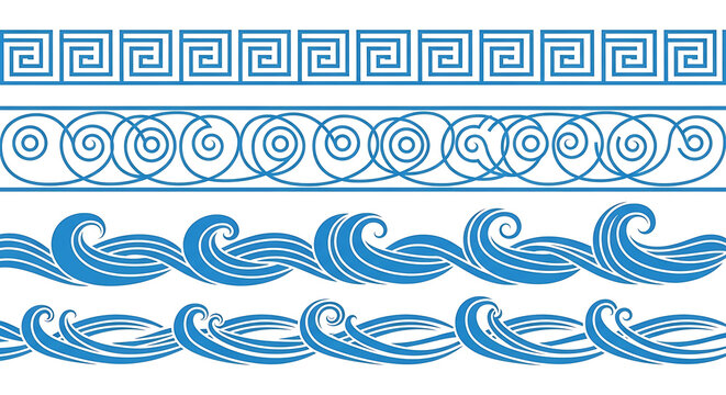 Sea waves Set of blue Greek key and wave border nautical pattern meander design for Mediterranean style decorative frames