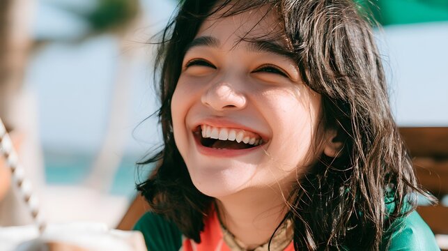 Joyful young woman with dark hair laughing brightly during a sunny day at the tropical beach while enjoying her vacation